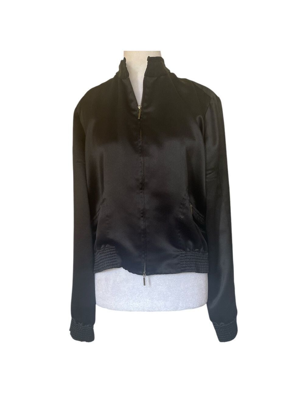 Vintage Bandolino Black Satin Bomber Jacket | Size 10